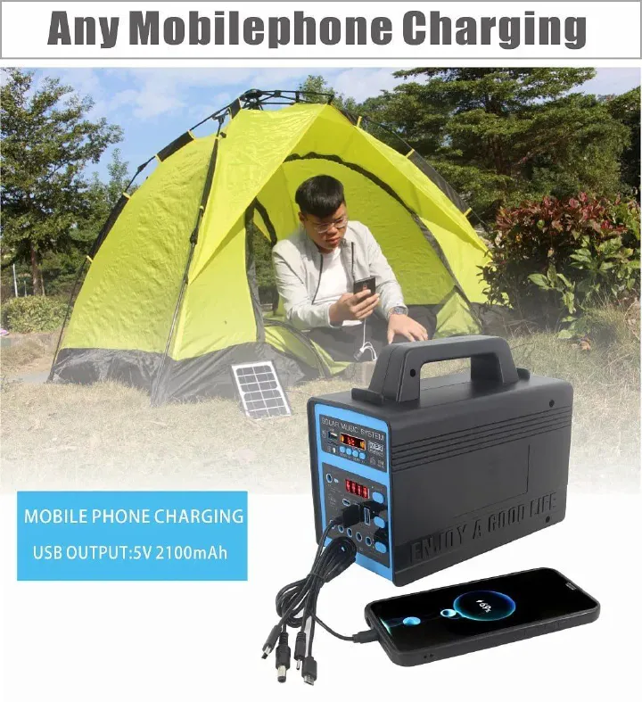 Big Solar Lighting System with 4 Led Bulbs, Radio, BT speaker, Mobile Charging, Tablet Charging, 12V fan Powering, 50Hours