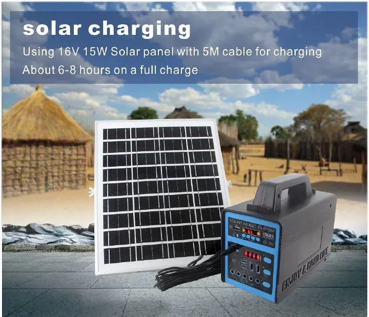 Big Solar Lighting System with 4 Led Bulbs, Radio, BT speaker, Mobile Charging, Tablet Charging, 12V fan Powering, 50Hours