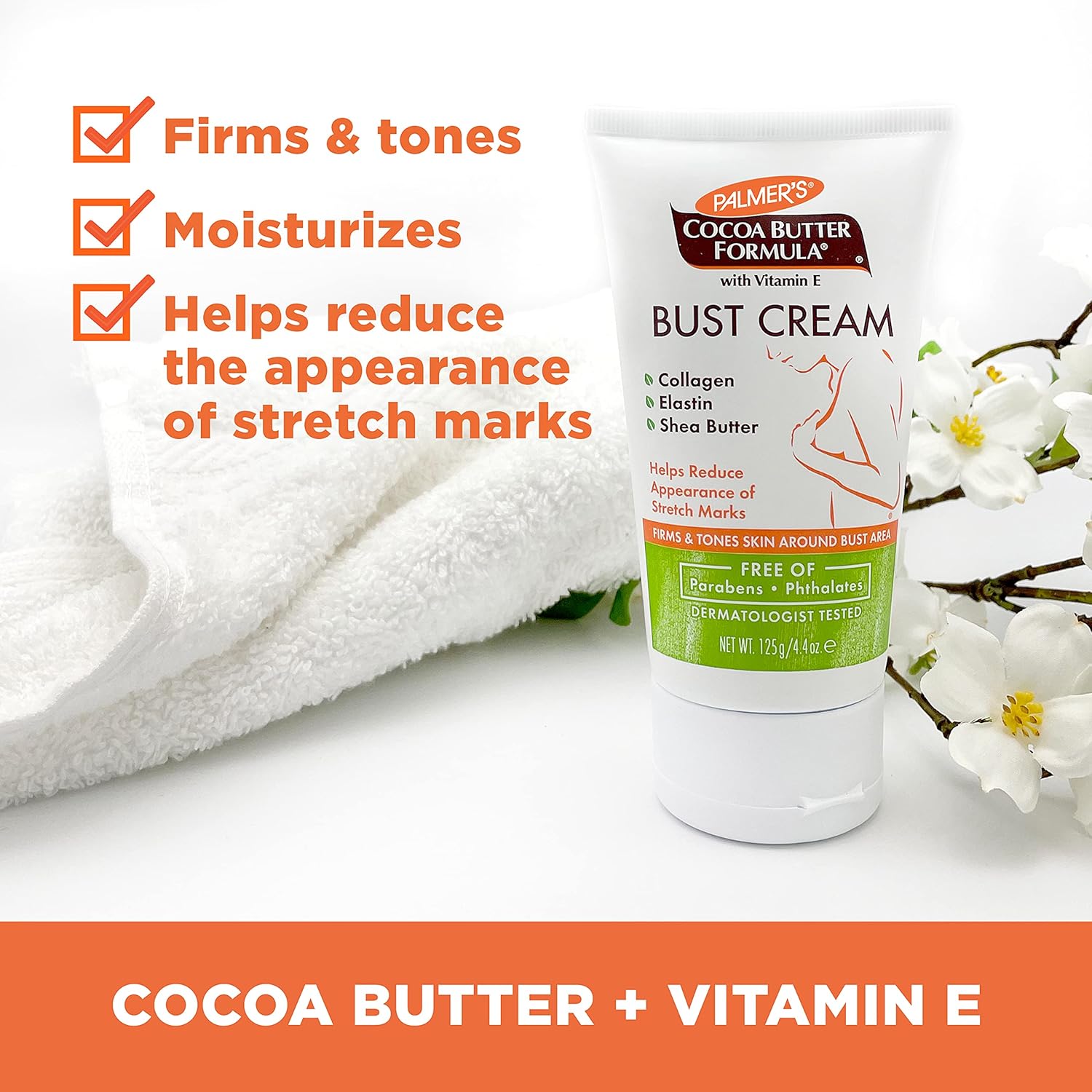 Palmer's Cocoa Butter Formula Bust Cream safe for Pregnancy Skin Care with Vitamin E, firm and tone around your bust area even after pregnancy and weight loss and helps reduce the appearance of stretc