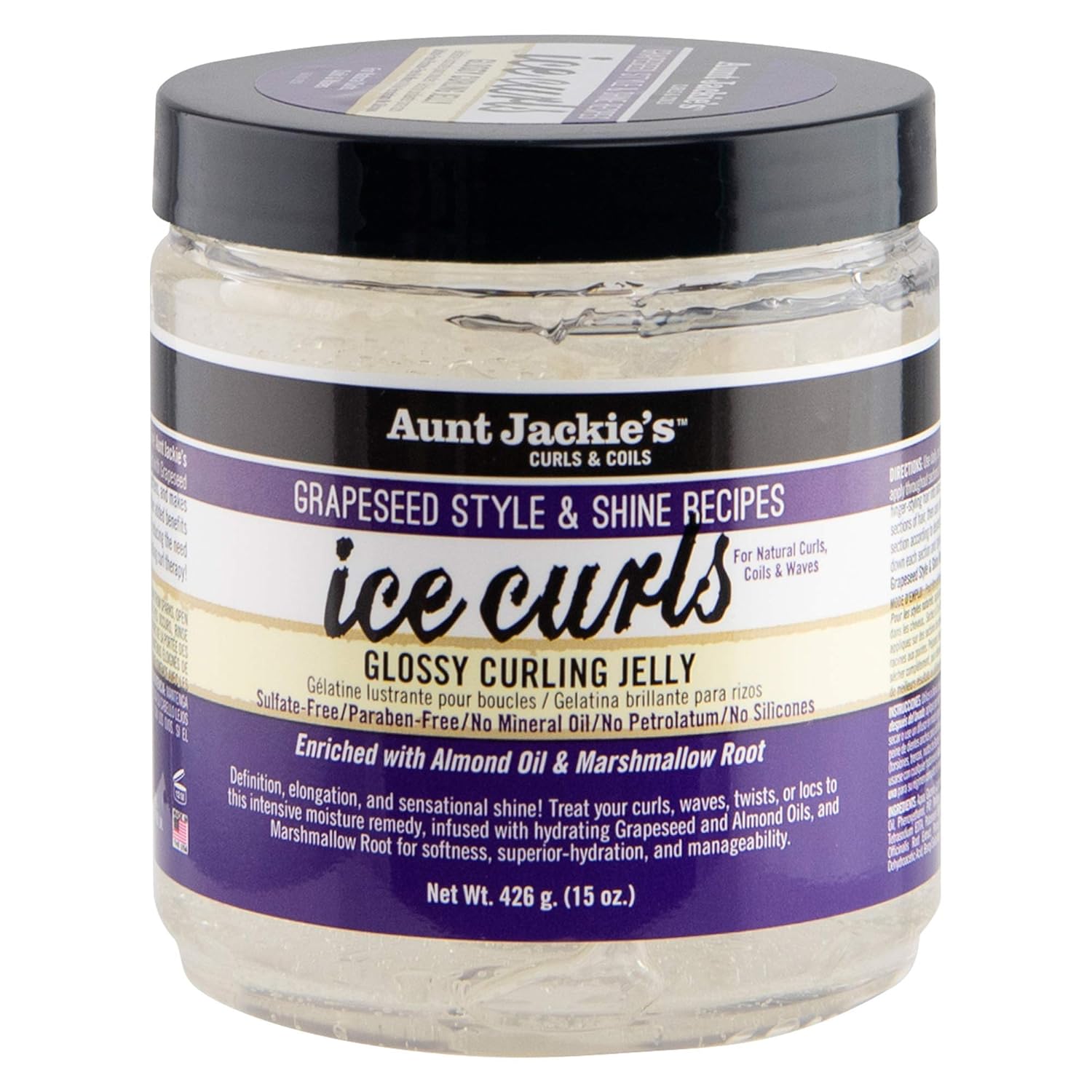 Aunt Jackie's Grapeseed Style and Shine Recipes Ice Curls Glossy Curling Jelly, Hydrates, Softens, Makes Waves, Curls and Coils Easier to Style