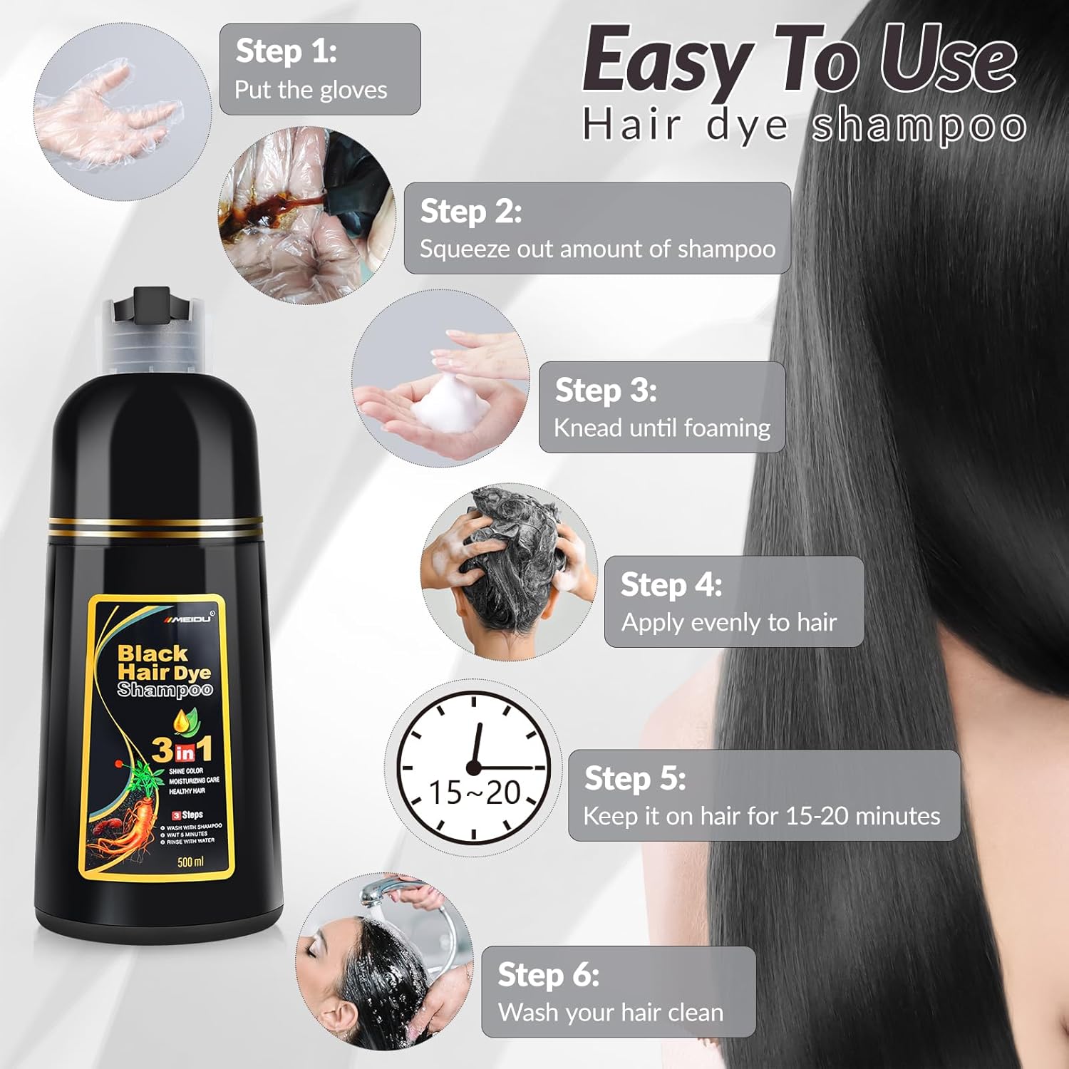 MEIDU Shampoo -Black Hair Dye Shampoo: 3 in 1 for Gray Hair, -Black Hair Dye for Women Men/ Hair Color Herbal Ingredients Natural-Covers Gray Hair Easily: