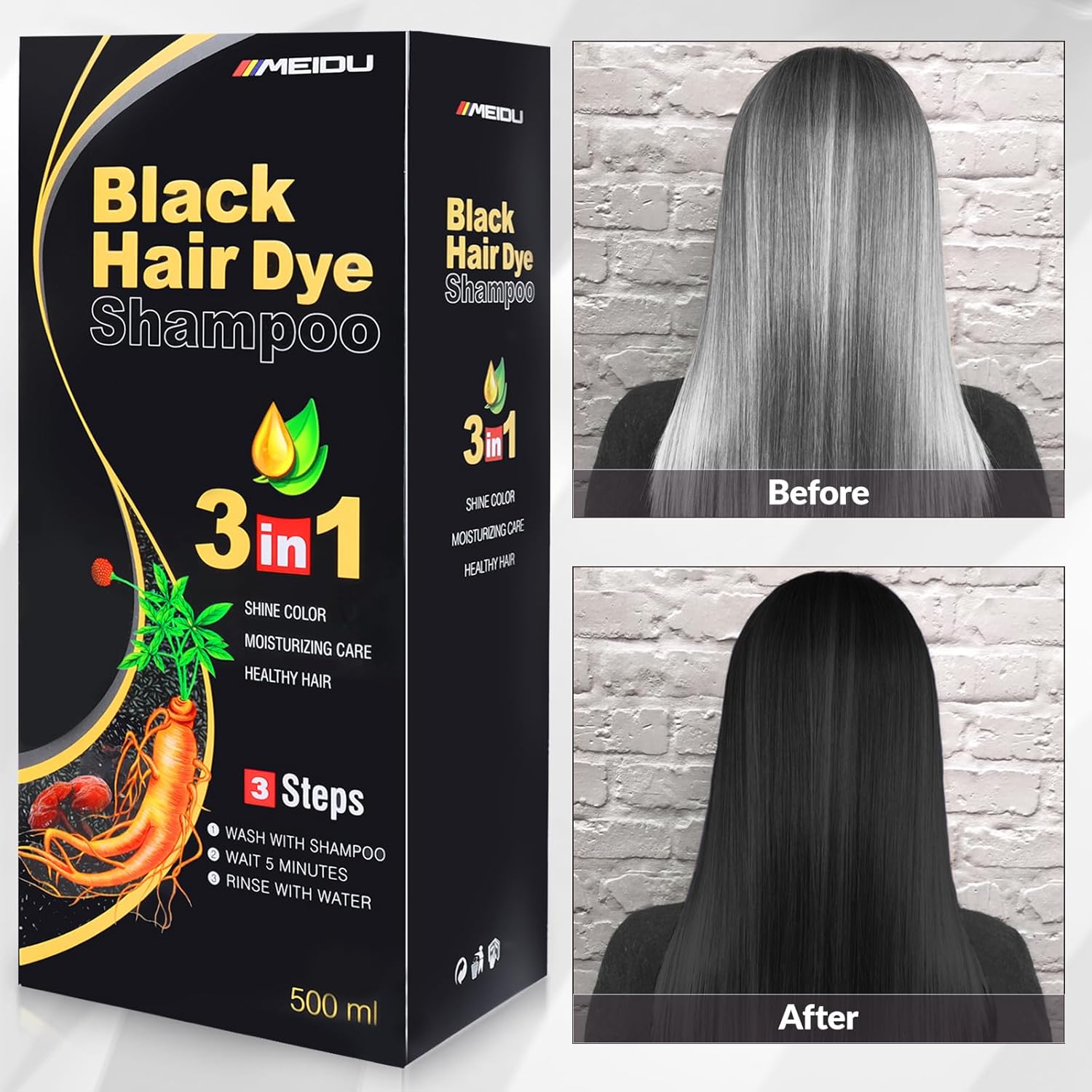 MEIDU Shampoo -Black Hair Dye Shampoo: 3 in 1 for Gray Hair, -Black Hair Dye for Women Men/ Hair Color Herbal Ingredients Natural-Covers Gray Hair Easily: