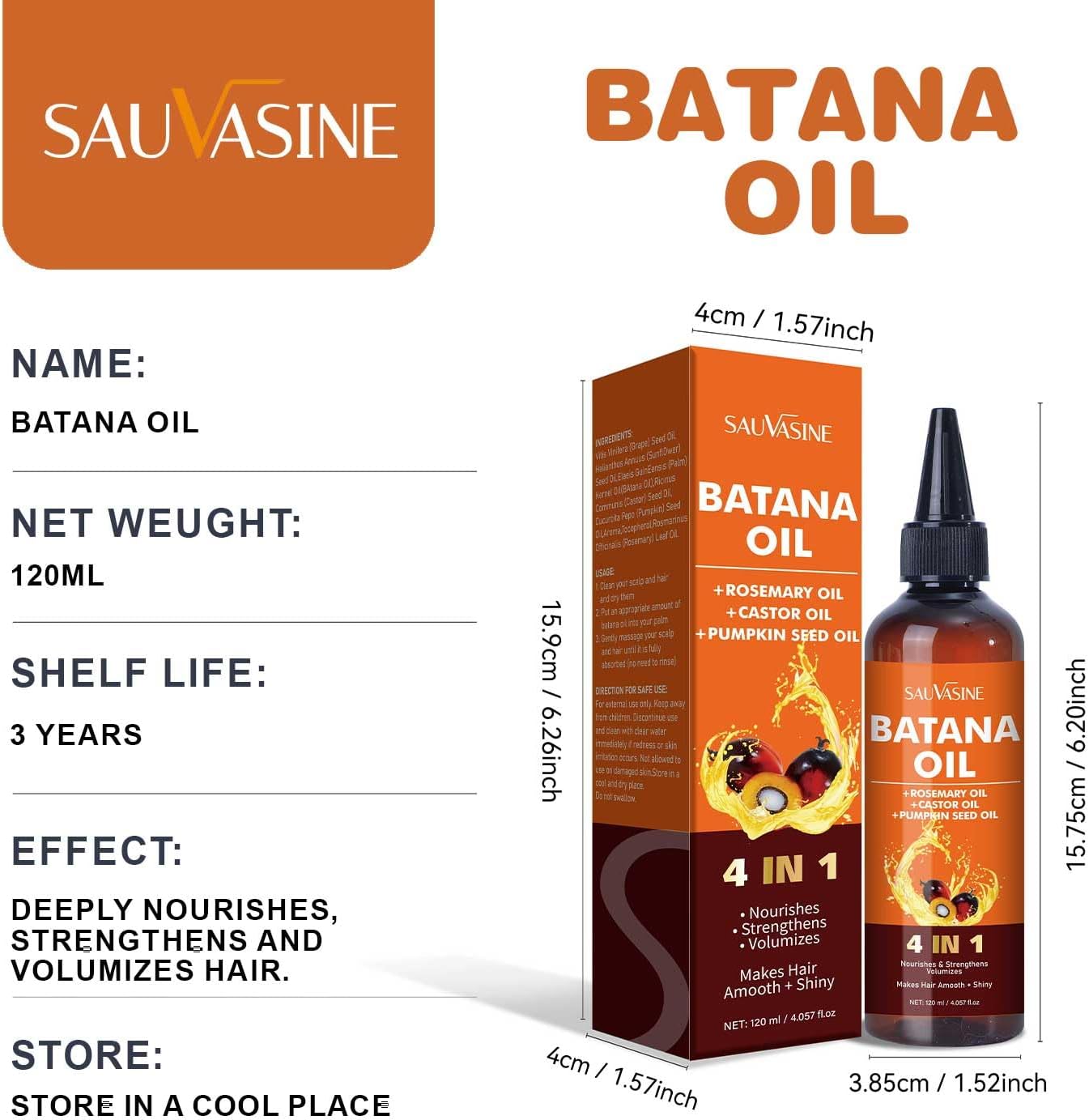Sauvasine Organic Batana Hair Growth Oil, with Rosemary & Pumpkin Seed Oil, 4-in-1 Blend for Thicker, Stronger Hair, Repairs Damaged Hair, 120ml