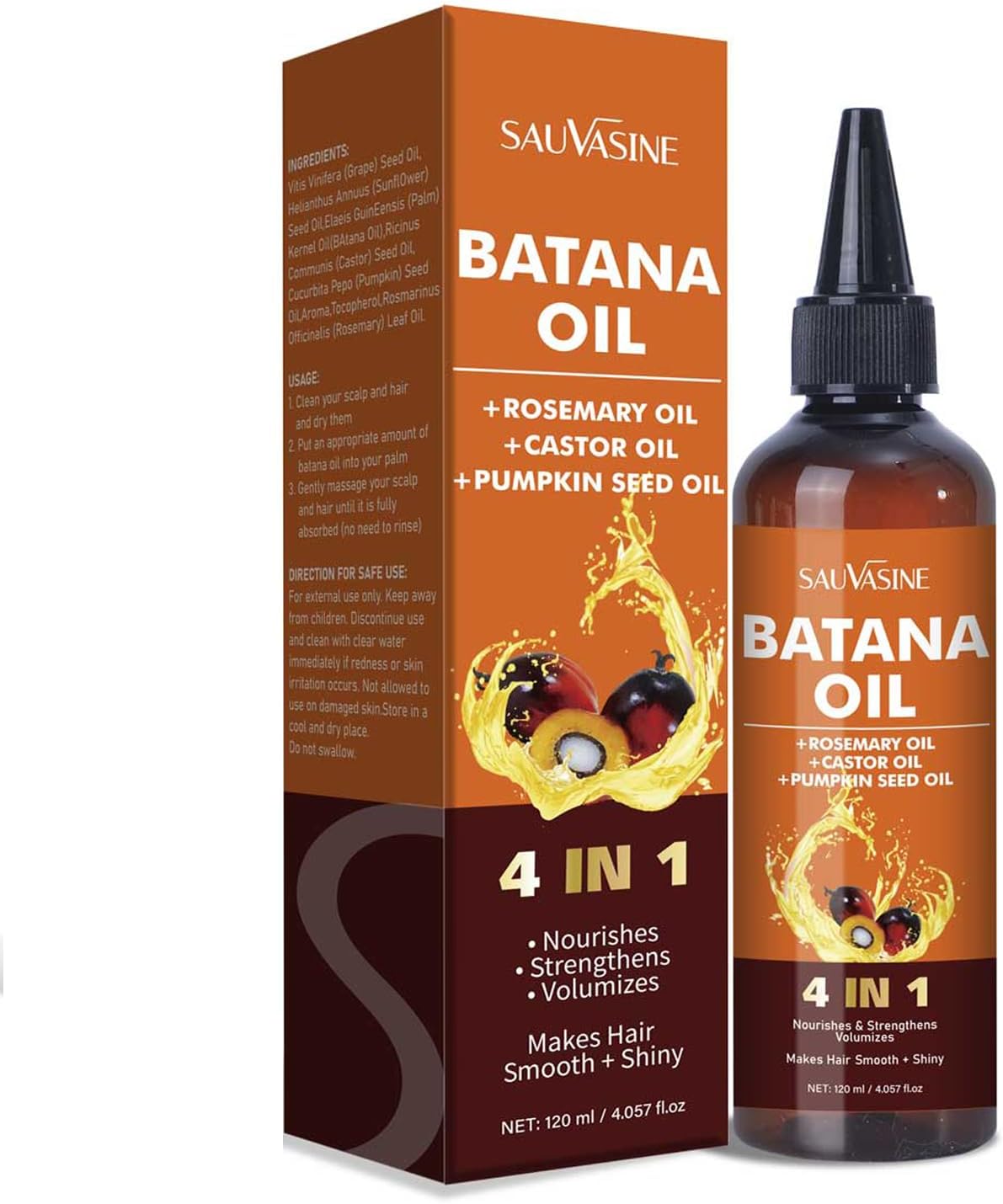 Sauvasine Organic Batana Hair Growth Oil, with Rosemary & Pumpkin Seed Oil, 4-in-1 Blend for Thicker, Stronger Hair, Repairs Damaged Hair, 120ml