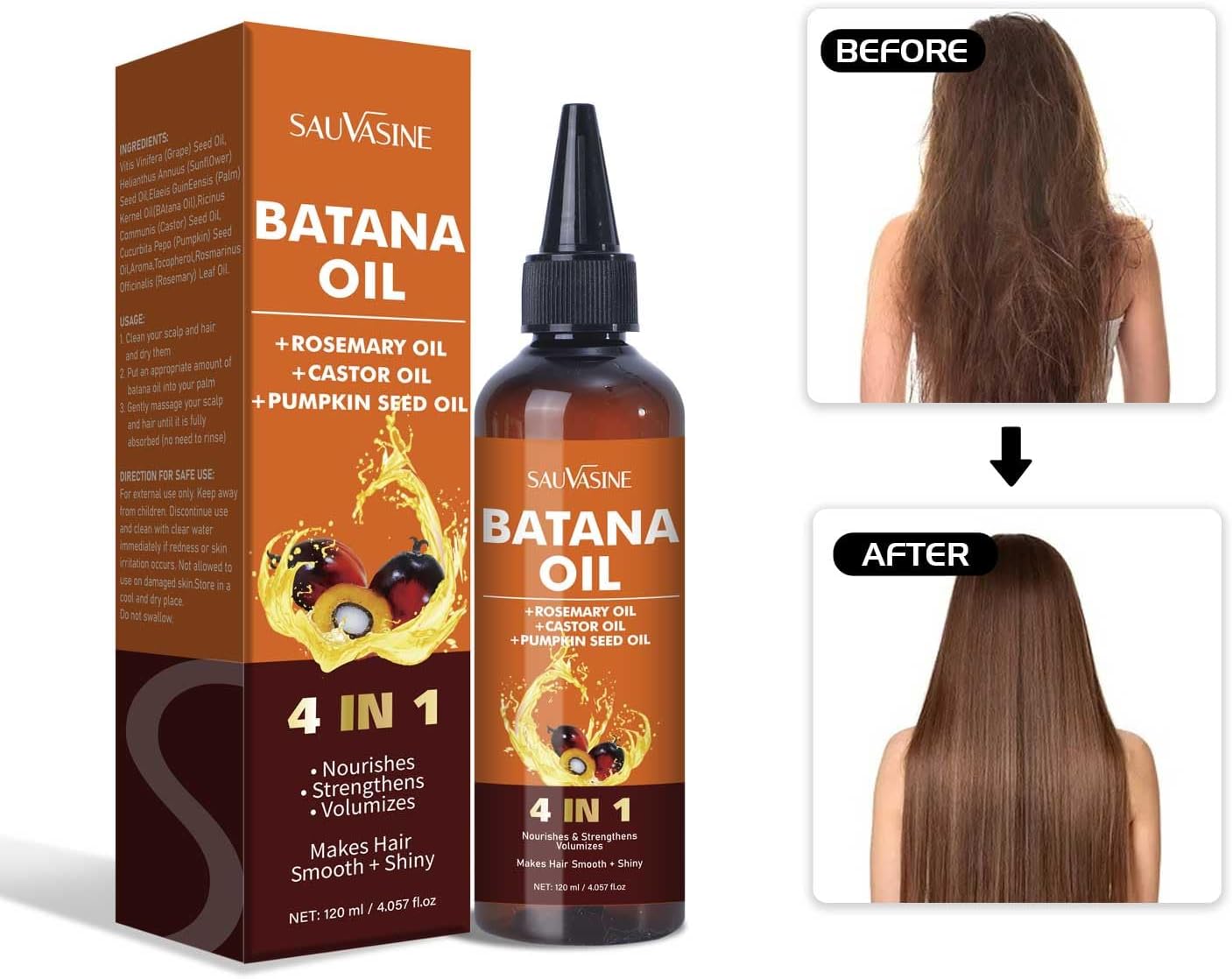 Sauvasine Organic Batana Hair Growth Oil, with Rosemary & Pumpkin Seed Oil, 4-in-1 Blend for Thicker, Stronger Hair, Repairs Damaged Hair, 120ml