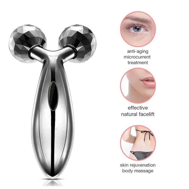 Silver 3d Roller Face Massager  360 Rotate Silver Thin Face Full Body Shape Massager Lifting Wrinkle Remover Rotatable Face Lift Massage Fitness Body Gua Sha Tool