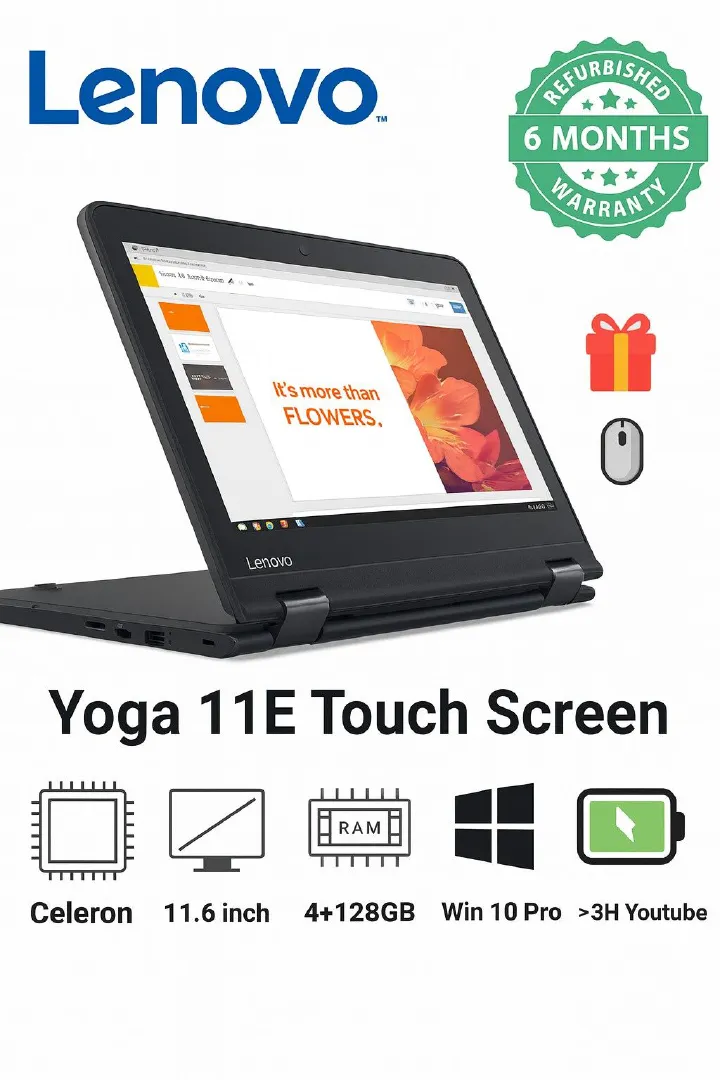 (LIMITED DEAL) LENOVO YOGA 11E 12" X360 2-IN-1 TOUCHSCREEN LAPTOP – REFURBISHED, 4GB RAM, 128GB SSD, WINDOWS 10 PRO, BLACK+ Free wireless mouse