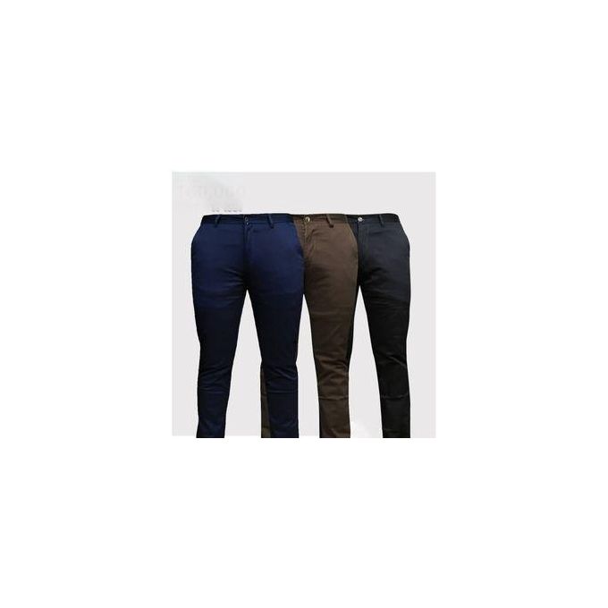 3 Pcs Soft Khaki Men's Trouser Slim Fit- Navy Blue, Black And Chocolate