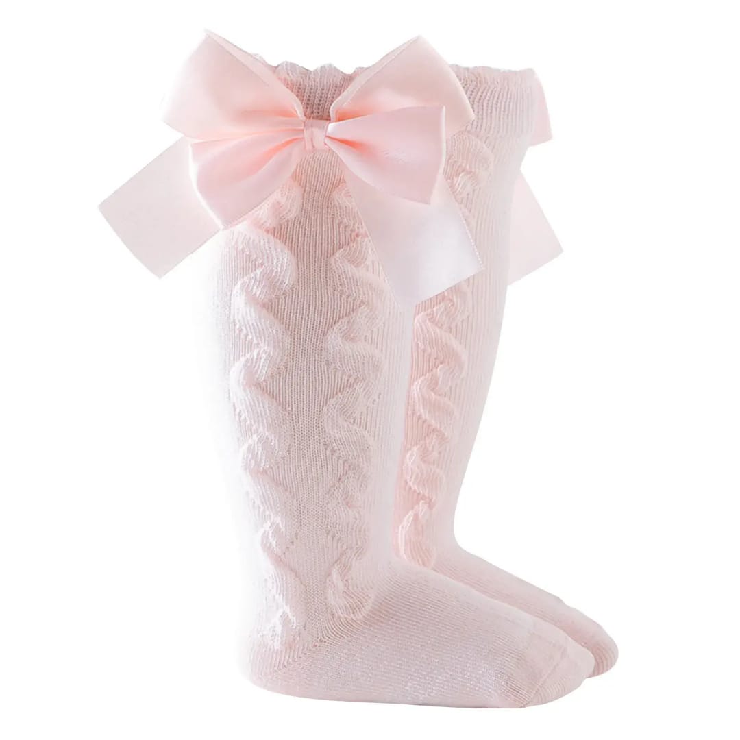 0-2 Years 2 Pairs Baby  Cotton Socks Long Girls Baby  Kids Knee High hollow cotton Socks With Ribbon Bow-(2 Pairs,Different colors)