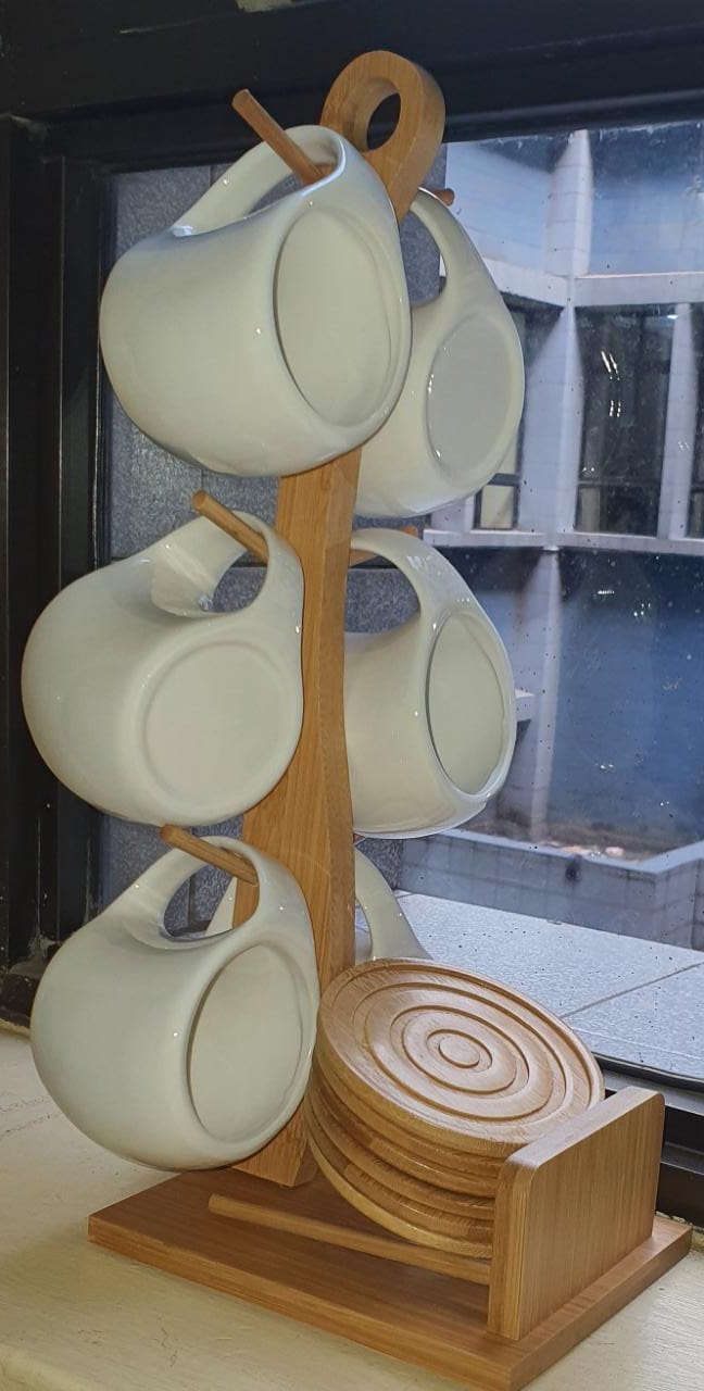 Fashion Ceramic 6 Cups (200ml) with Wooden Bamboo Stand and 6 Bamboo Coasters