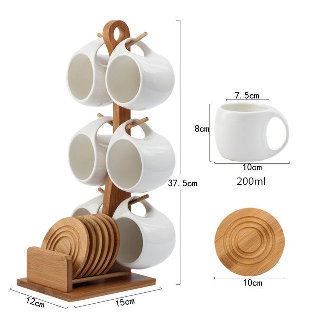 Fashion Ceramic 6 Cups (200ml) with Wooden Bamboo Stand and 6 Bamboo Coasters