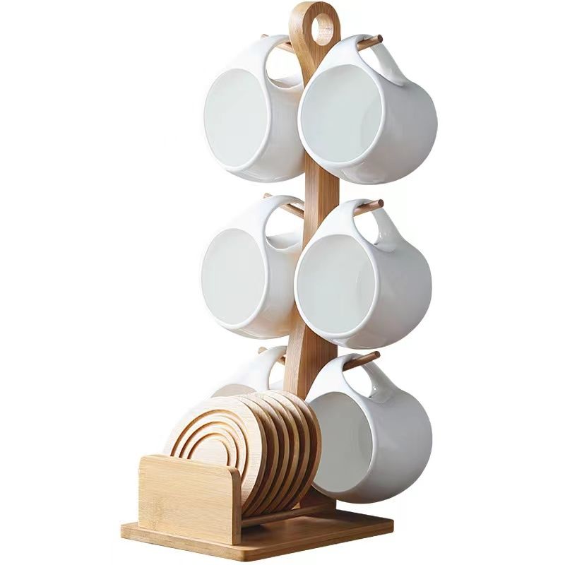 Fashion Ceramic 6 Cups (200ml) with Wooden Bamboo Stand and 6 Bamboo Coasters