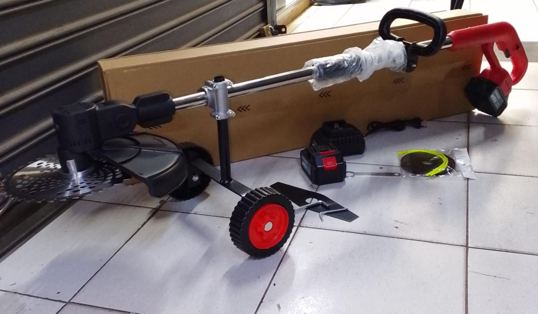 The big and heavy duty lawn mower 198 volts 
1280 watts 
9000 rpm
With adjustable height for wheels 
With adjustable length of upto 2.5metres
Uses same blade as gasoline brush cutter