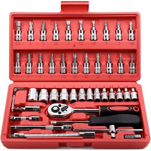 chrome 46 PCS Car Hand Tool Sets Repair Tool Kit Mechanical Tools Box for Home DIY 1/4" Socket Wrench Set Ratchet Screwdriver Bits