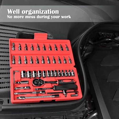 chrome 46 PCS Car Hand Tool Sets Repair Tool Kit Mechanical Tools Box for Home DIY 1/4" Socket Wrench Set Ratchet Screwdriver Bits