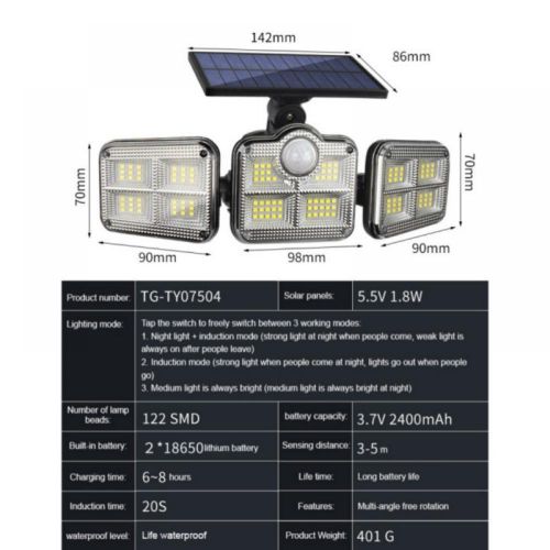 Solar Light Outdoor 120 LED Motion Sensor Lights with Remote Control 3 Heads Security LED Flood Lights