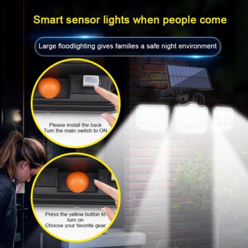 Solar Light Outdoor 120 LED Motion Sensor Lights with Remote Control 3 Heads Security LED Flood Lights