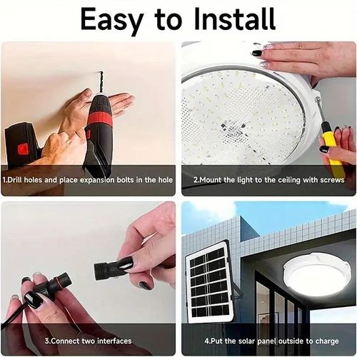 JSOT Intelligent 100Watts Solar Powered Ceiling Light - Remote Control, Sensor Light, Timing Function, Auto-On/Off, Energy-Efficient, Waterproof, Perfect for Home Porch, Courtyard