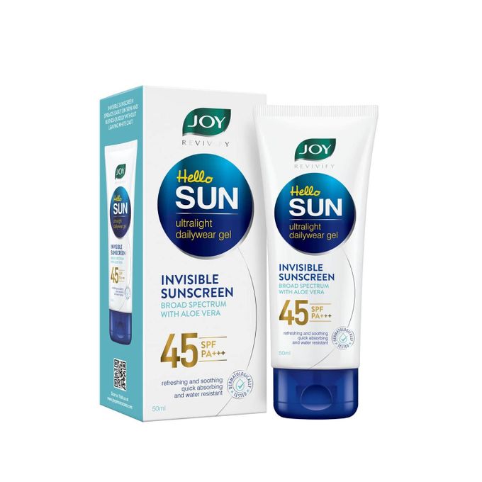 JOY REVIVIFY Hello Sun Invisible Sunscreen Gel - SPF 45 PA+++ Ultralight Dailywear Gel With Aloe Vera. Moisturizes, Smooths And Protects Your Skin Against UVA And UVB Rays, Soothes & Refreshes.