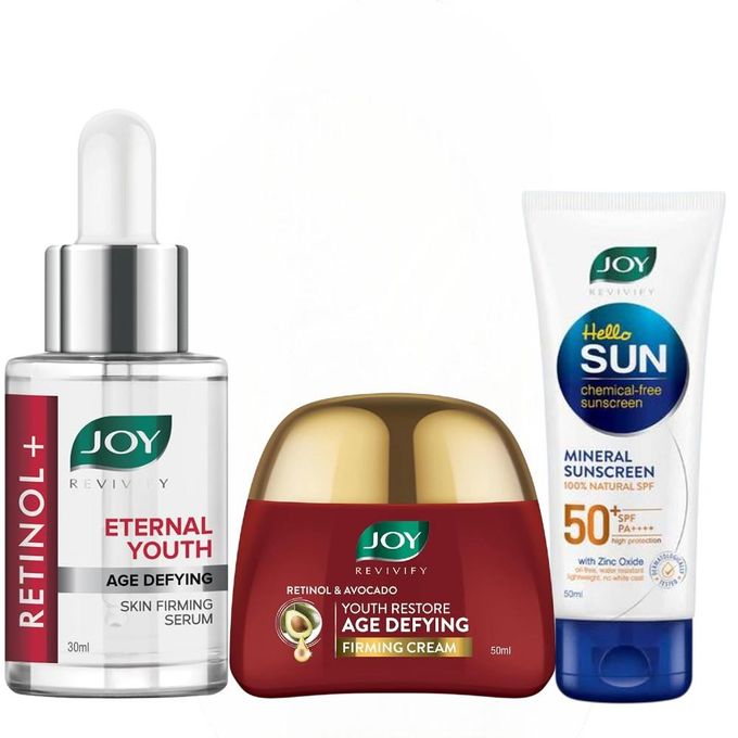 JOY REVIVIFY Retinol Eternal Youth Age Deying Skin Firming Face Serum + Joy Retinol AGE DEFYING Youth Restore Firming Cream with Avocado Oil + Joy Chemical-Free Mineral Sunscreen SPF 50 PA++++