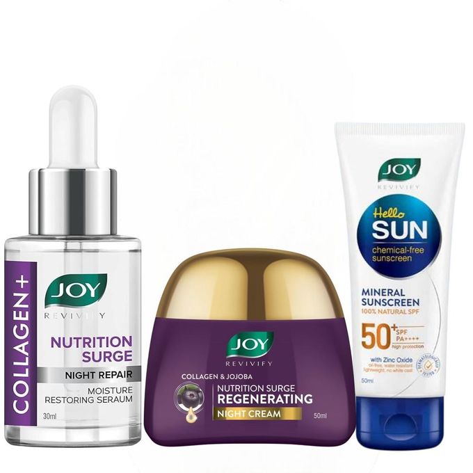 JOY REVIVIFY COLLAGEN & JOJOBA Face Night Cream + Joy Collagen, CoQ10 & Hyaluronic Acid Nutrition Surge Night Repair Moisture Restoring Face Serum + Joy Chemical-Free Mineral Sunscreen SPF 50 PA++++