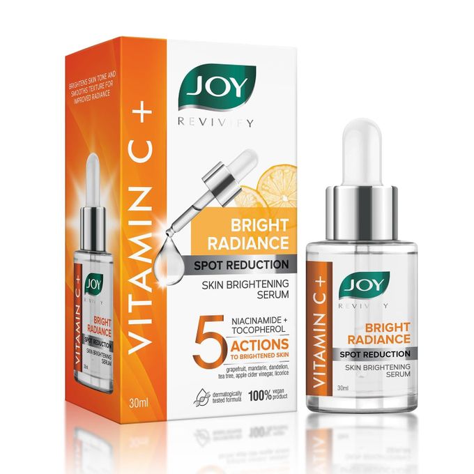 JOY REVIVIFY Bright Radiance Vitamin C+ Spot Reduction Skin Brightening Face Serum with Niacinamide & Tocopherol. Moisturizes, Firms, Glows, Brightens, Removes Dark Spots