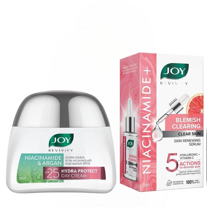 JOY REVIVIFY NIACINAMIDE & ARGAN Hydra Protect Day Cream SPF 25 + Joy Niacinamide Blemish Clearing Skin Renewing Face Serum with Vitamin C. Removes Dark Spots, Blemishes, Acne Marks, Brightens...