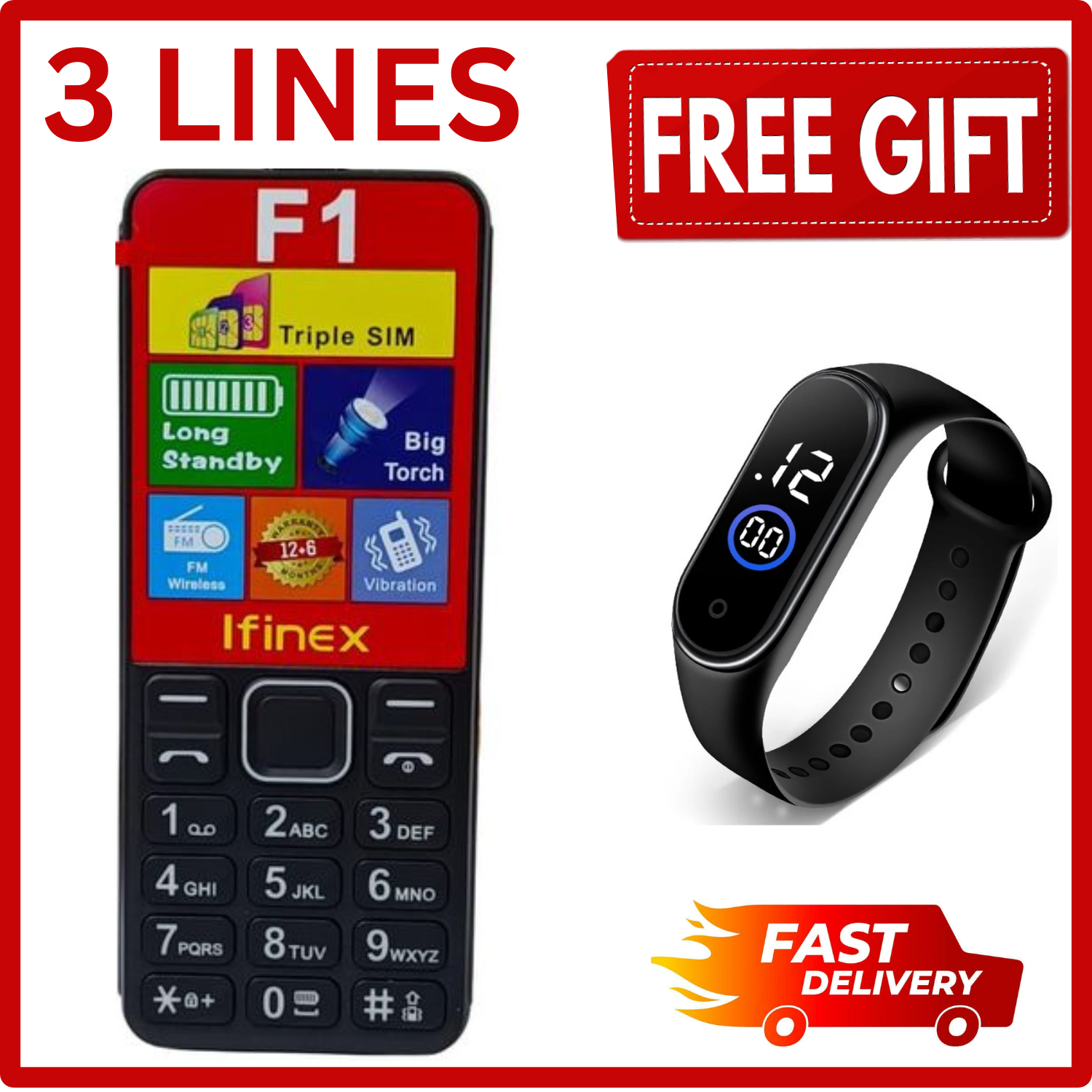 LIMITED DISCOUNT !!IFINEX F1 TRIPLE SIM THREE-3 SIM CARD BIG TORCH KABAMBE/KATULULU/MULIKA MWIZI/BUTTON FEATURE PHONE