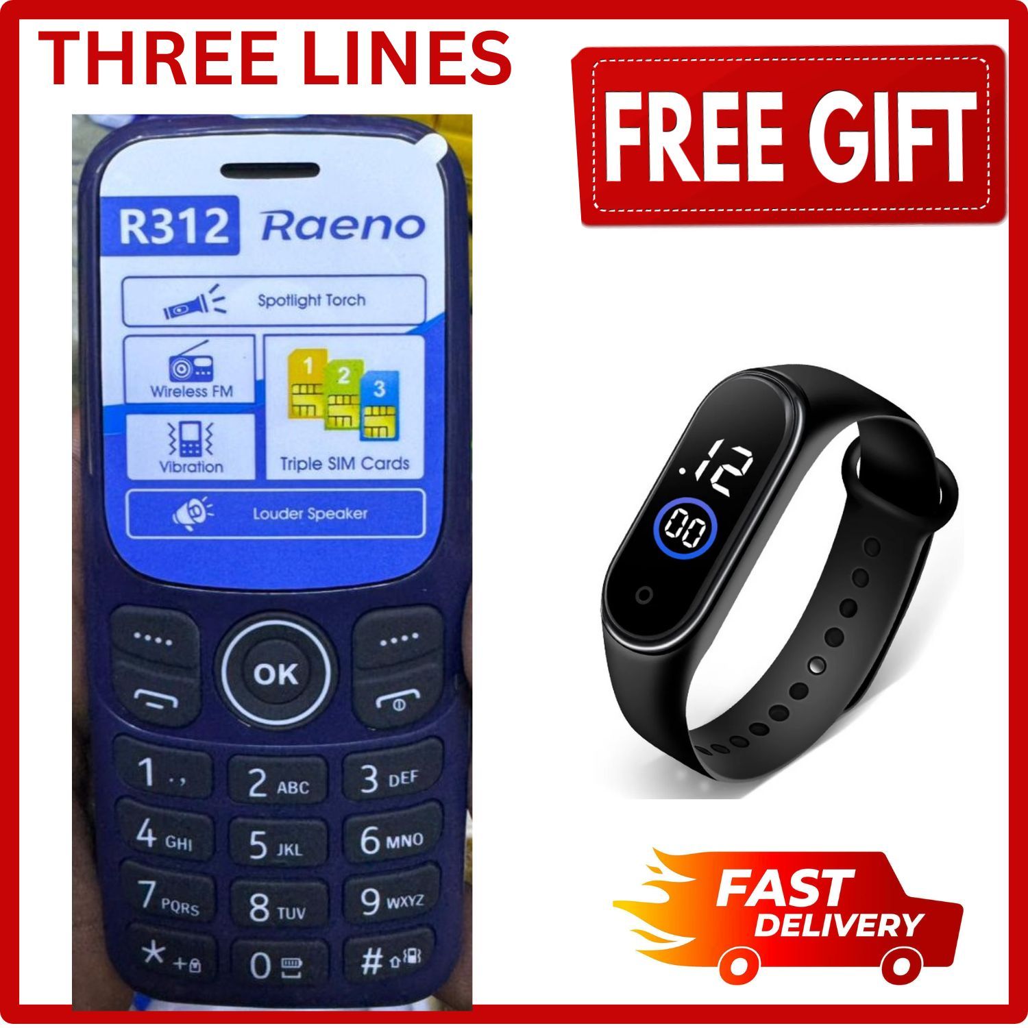 LIMITED DISCOUNT !!!New RAENO R312  TRIPLE SIM CARD FEATURE PHONE WITH Bluetooth /Wireless FM/SD Slot kabambe/katululu/mulika mwizi/button feature phone