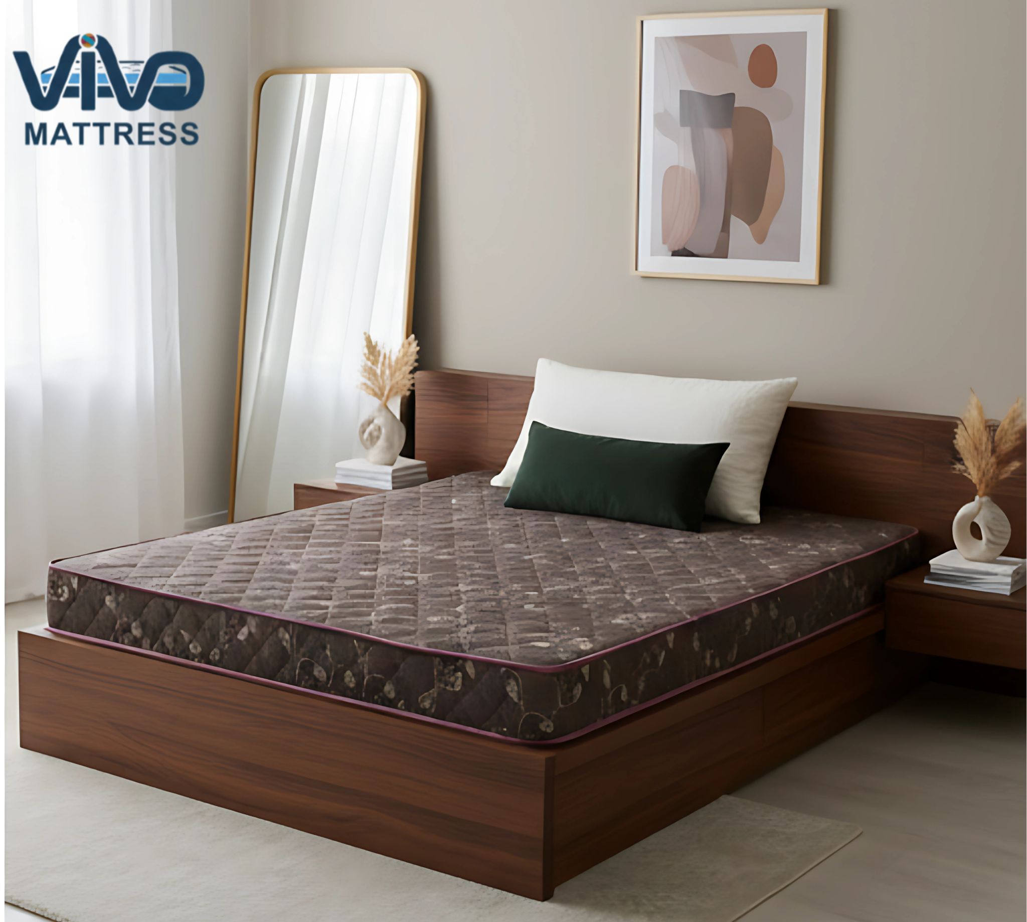 Vivo Premium Mattress –Rich Brown with Tan Floral Accents Design with Elegant Quilted Finish, High-Density Orthopedic Support for Superior Sleep and Comfort