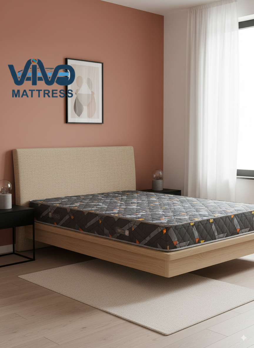 Vivo Premium Mattress –Grey with Yellow and Orange Triangle Design with Elegant Quilted Finish, High-Density Orthopedic Support for Superior Sleep and Comfort