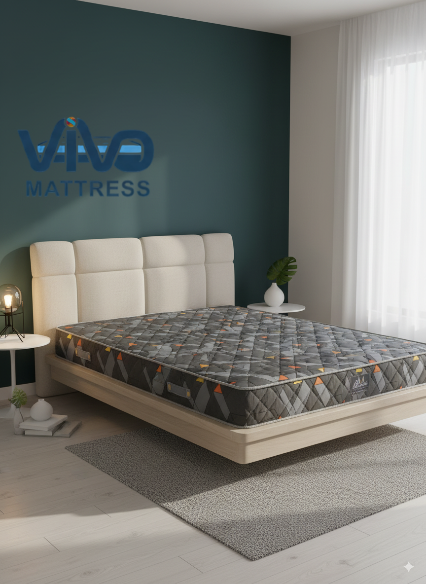 Vivo Premium Mattress –Grey with Yellow and Orange Triangle Design with Elegant Quilted Finish, High-Density Orthopedic Support for Superior Sleep and Comfort