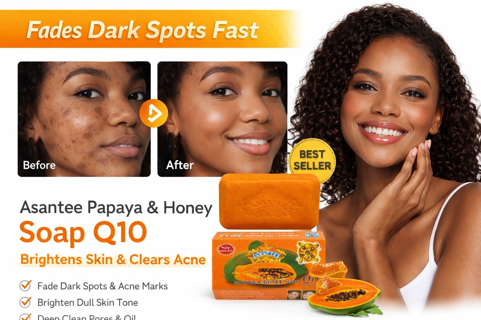 Original Asantee Papaya & Honey Soap Q10 – Brightening Anti-Acne Dark Spot Remover Soap for Glowing Skin (Orange Herbal Bath Soap)