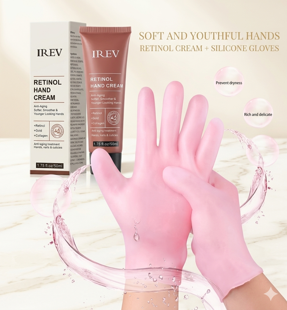 IREV Retinol Hand Cream & Moisturizing Silicone Gloves Set - Anti-Aging Spa Treatment for Soft, Youthful Hands (2-in-1 Hand Care Bundle)