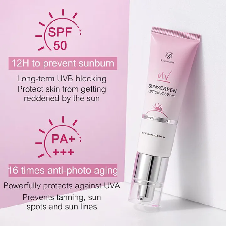 RadiantRise Sunscreen Lotion，Anti Light Aging, Moisturizing Multiple Protection Effect Sunscreen, Water Proof, Moisturizing and Brightening Double Barrel Multicare Isolation Sunscreen