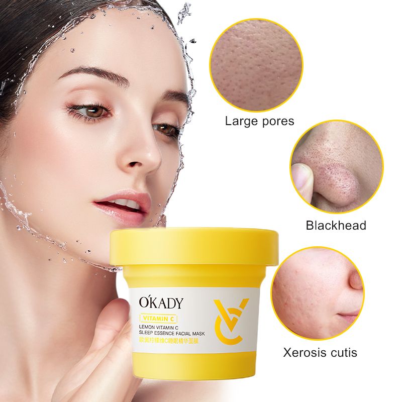 O'KADY Lemon Vitamin C Sleep Essence Mask，Vitamin C Facial Mask Sheet Pores Moisturizing Oil-Control Anti-Aging Replenishment Face Care Skin Care