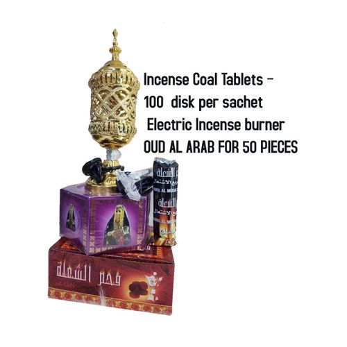 Bakhoor Combine of 3 things (Electric Incense Burner) (incense charcoal Tablets 100disk) (OUUD ALNARAB FOR 5O SACHETS)
