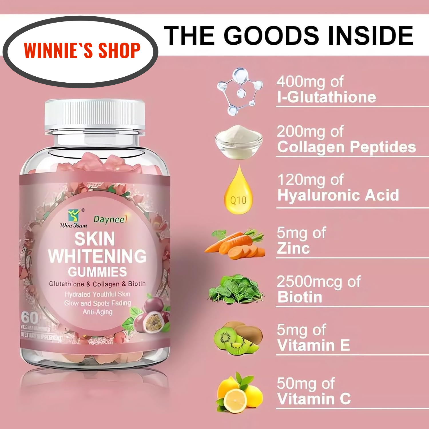Daynee Skin Whitening Gummies, with Glutathione, Collagen and Bioth, Hydrated Youthful Skin, Glow and Spots Fading, Anti-Aging, 60 Count