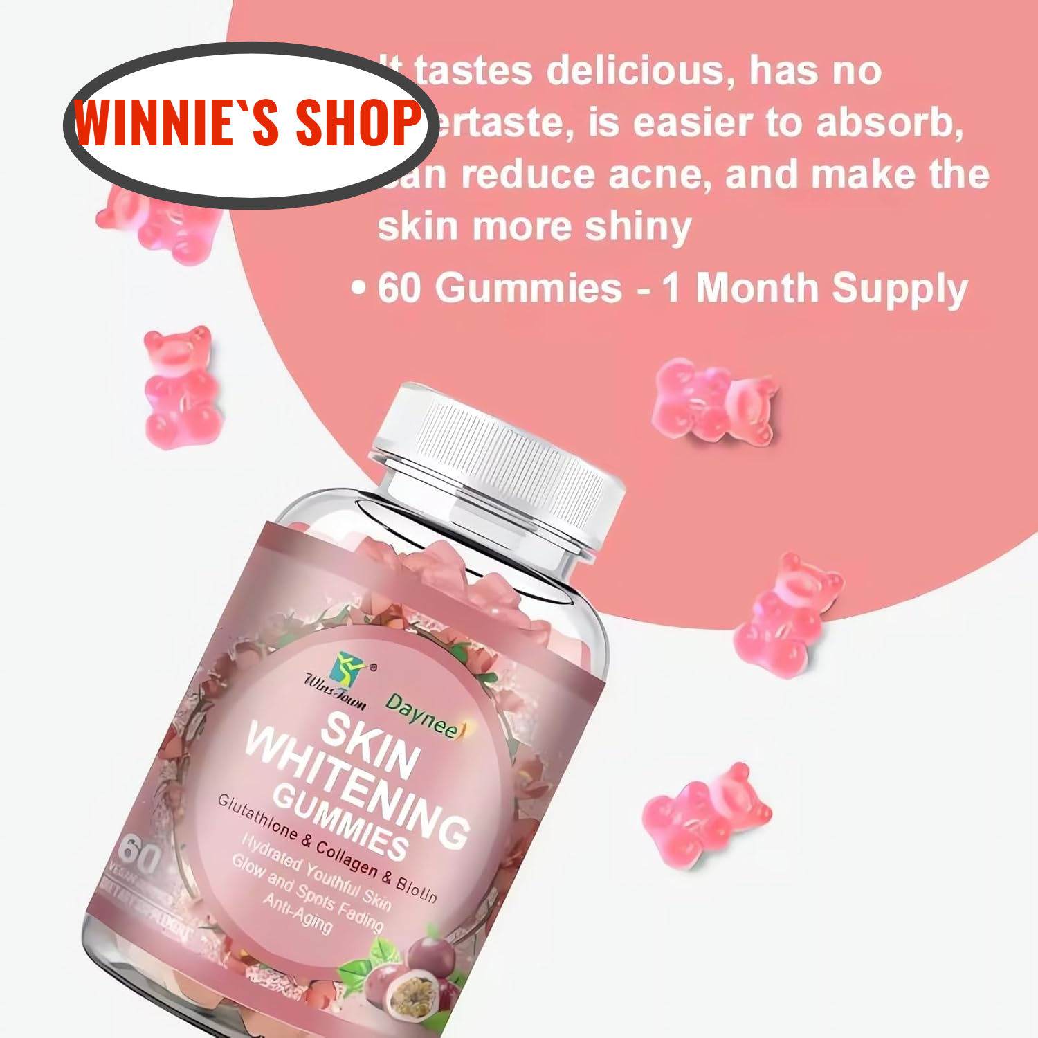 Daynee Skin Whitening Gummies, with Glutathione, Collagen and Bioth, Hydrated Youthful Skin, Glow and Spots Fading, Anti-Aging, 60 Count