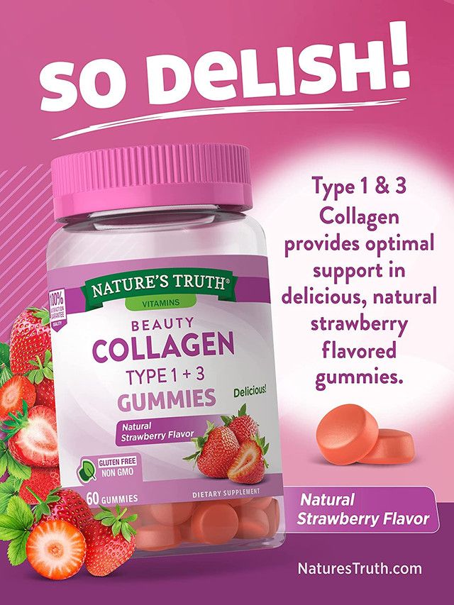 Nature's Truth Beauty Collagen Gummies | 60 Count Type 1 and 3 | Natural Strawberry Flavor | Non-GMO, Gluten Collagen Peptide Supplement