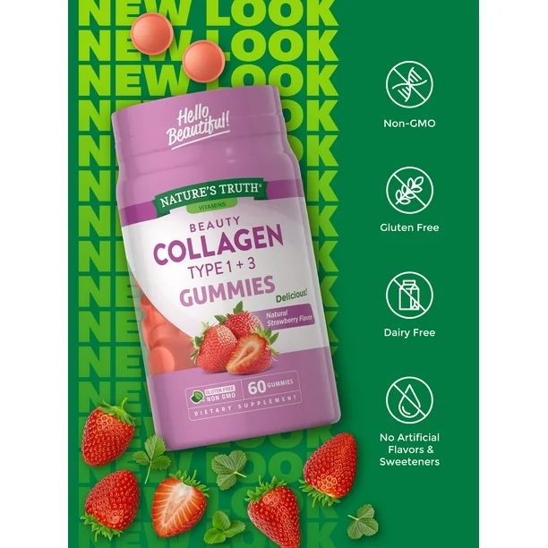 Nature's Truth Beauty Collagen Gummies | 60 Count Type 1 and 3 | Natural Strawberry Flavor | Non-GMO, Gluten Collagen Peptide Supplement