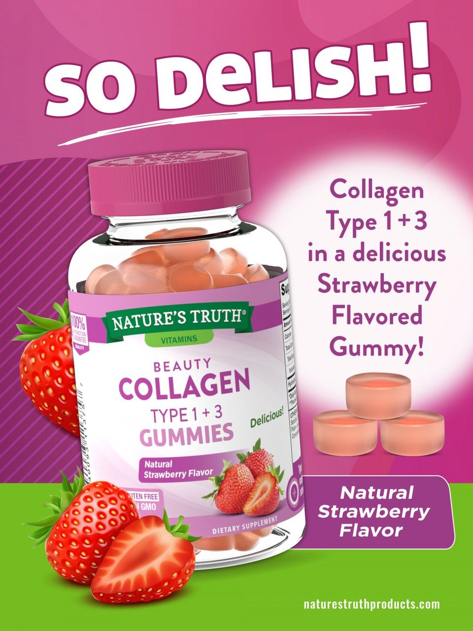 Nature's Truth Beauty Collagen Gummies | 60 Count Type 1 and 3 | Natural Strawberry Flavor | Non-GMO, Gluten Collagen Peptide Supplement