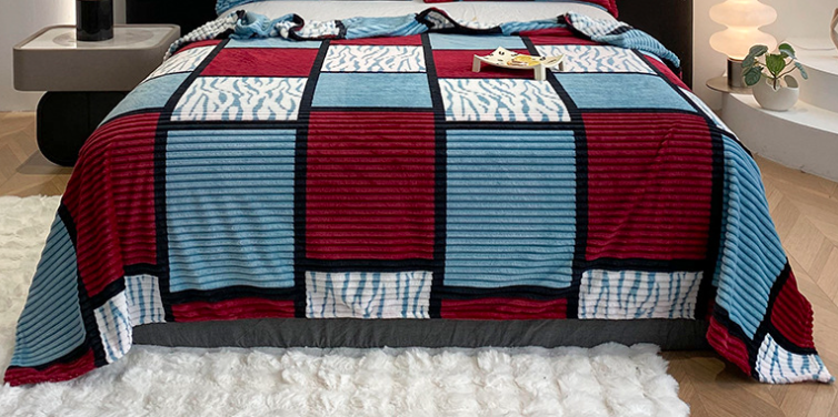 Flannel blanket, magic velvet printed geometric square grid, thickened office and leisure blanket, air conditioning grid, home blanket,1pc blanket