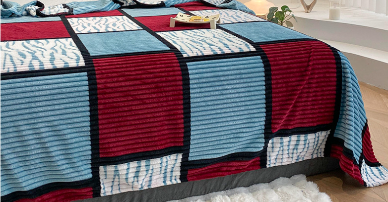 Flannel blanket, magic velvet printed geometric square grid, thickened office and leisure blanket, air conditioning grid, home blanket,1pc blanket