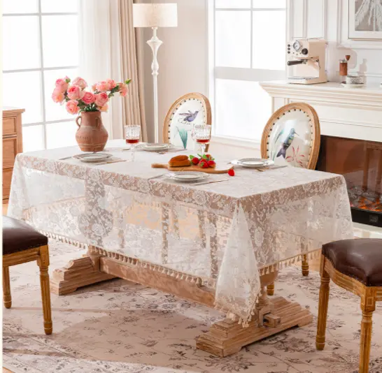 French rose flower lace tablecloth, light luxury and high-end rectangular dining table cloth, anti slip tea table, wedding decoration cover cloth