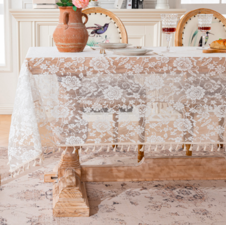 French rose flower lace tablecloth, light luxury and high-end rectangular dining table cloth, anti slip tea table, wedding decoration cover cloth