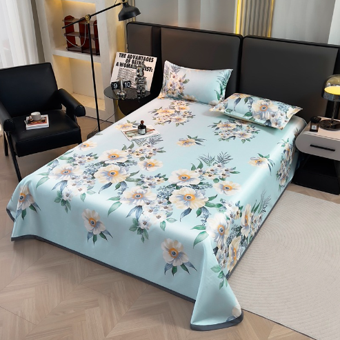 New bed sheet design with diagonal ice silk mat three piece set, machine washable, foldable, non deformable, and soft cooling mat，1pc bed sheet, 2pc pillowcase