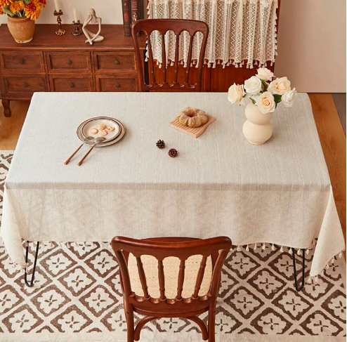 European classical cotton and linen tablecloth with lines and tassels, creating an atmosphere for dining tablecloths, dust-proof decorative cloths, living room coffee table covers