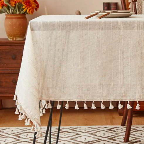European classical cotton and linen tablecloth with lines and tassels, creating an atmosphere for dining tablecloths, dust-proof decorative cloths, living room coffee table covers
