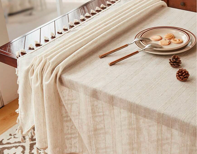 European classical cotton and linen tablecloth with lines and tassels, creating an atmosphere for dining tablecloths, dust-proof decorative cloths, living room coffee table covers
